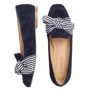 Talbots Stella‎ Bow Loafers Navy Suede Square Toe Flats Women size 9